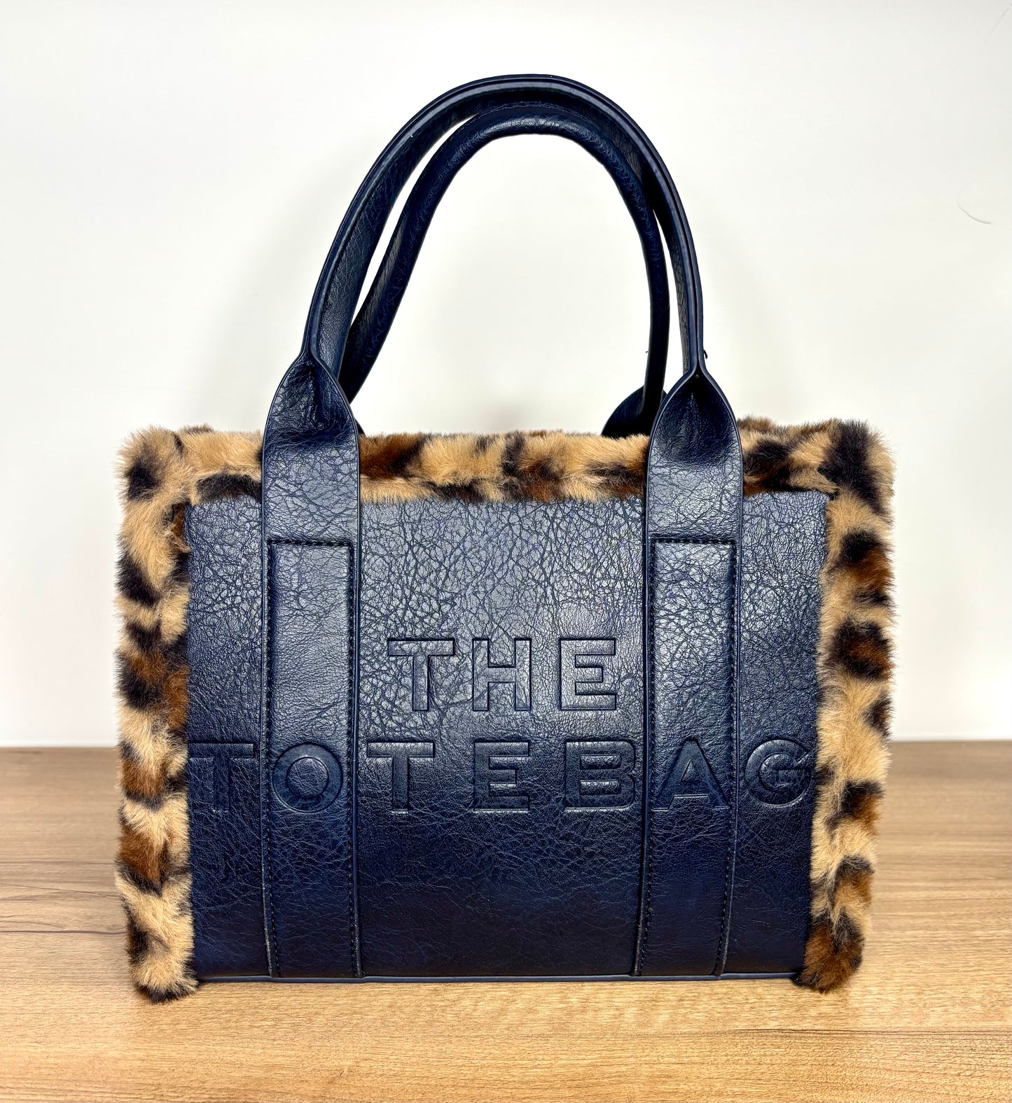 Fur trim tote bag- medium navy blue
