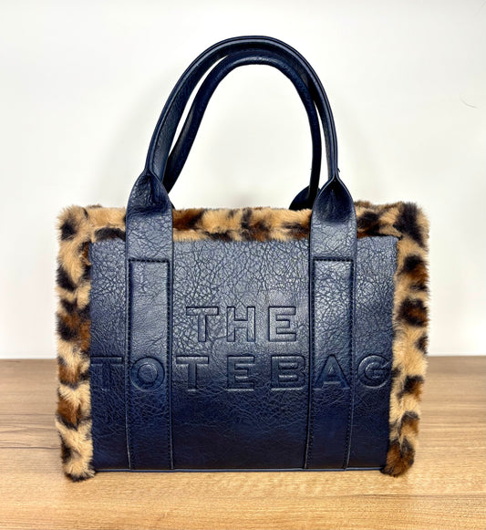 Fur trim tote bag- medium navy blue