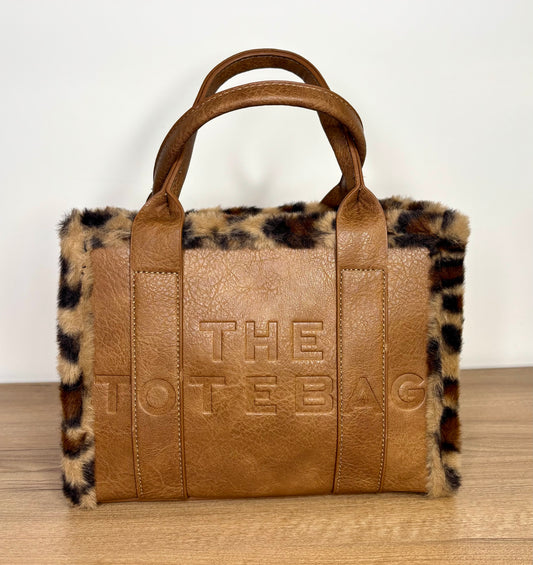 Tan fur trim tote bag- medium