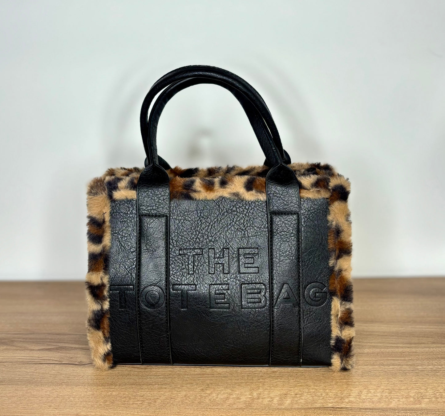 Small black fur trim tote bag
