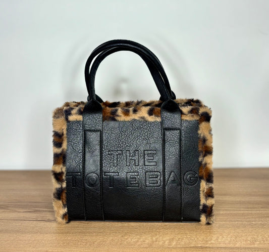 Small black fur trim tote bag