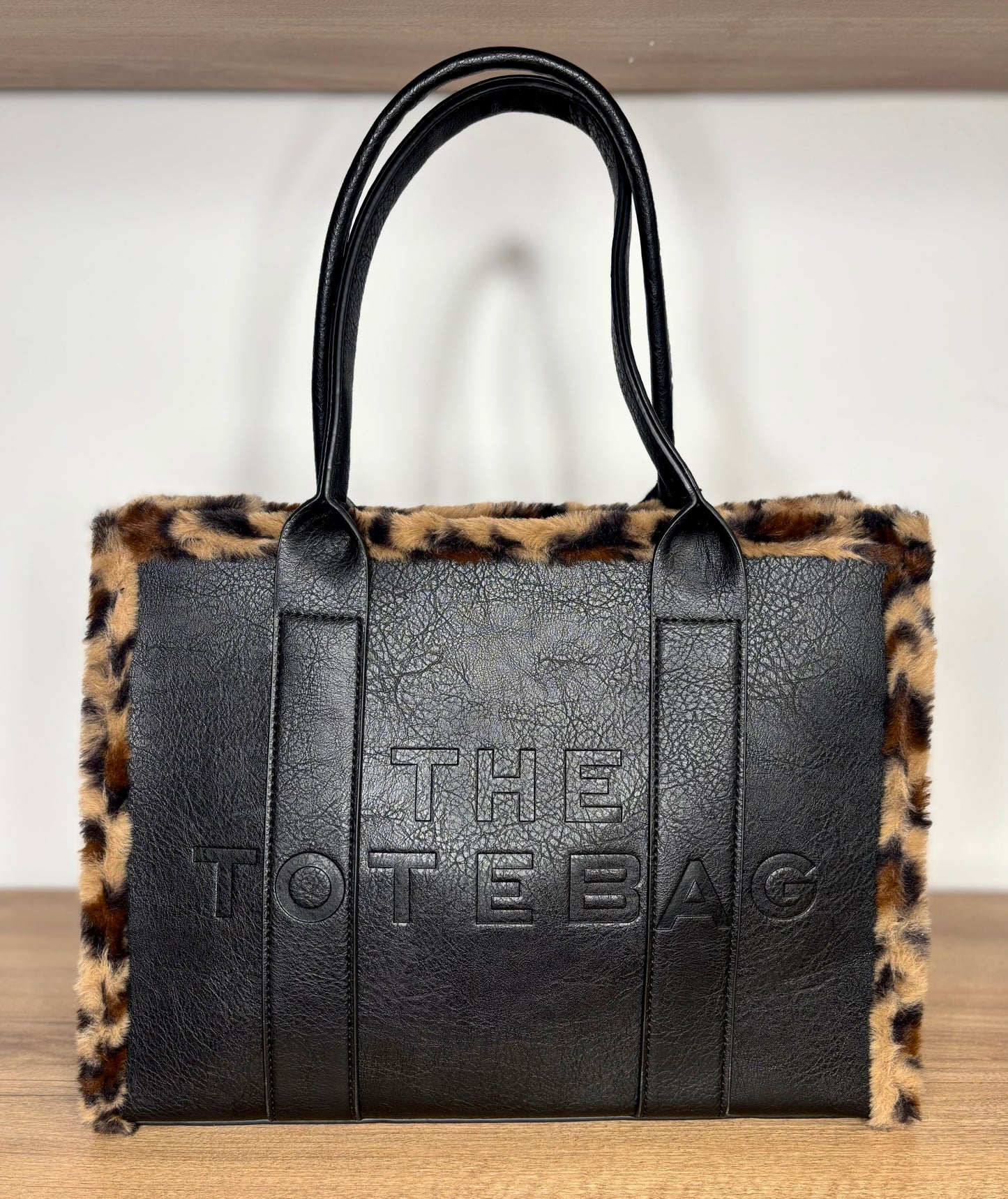 Large black fur trim tote bag