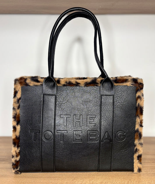 Large black fur trim tote bag